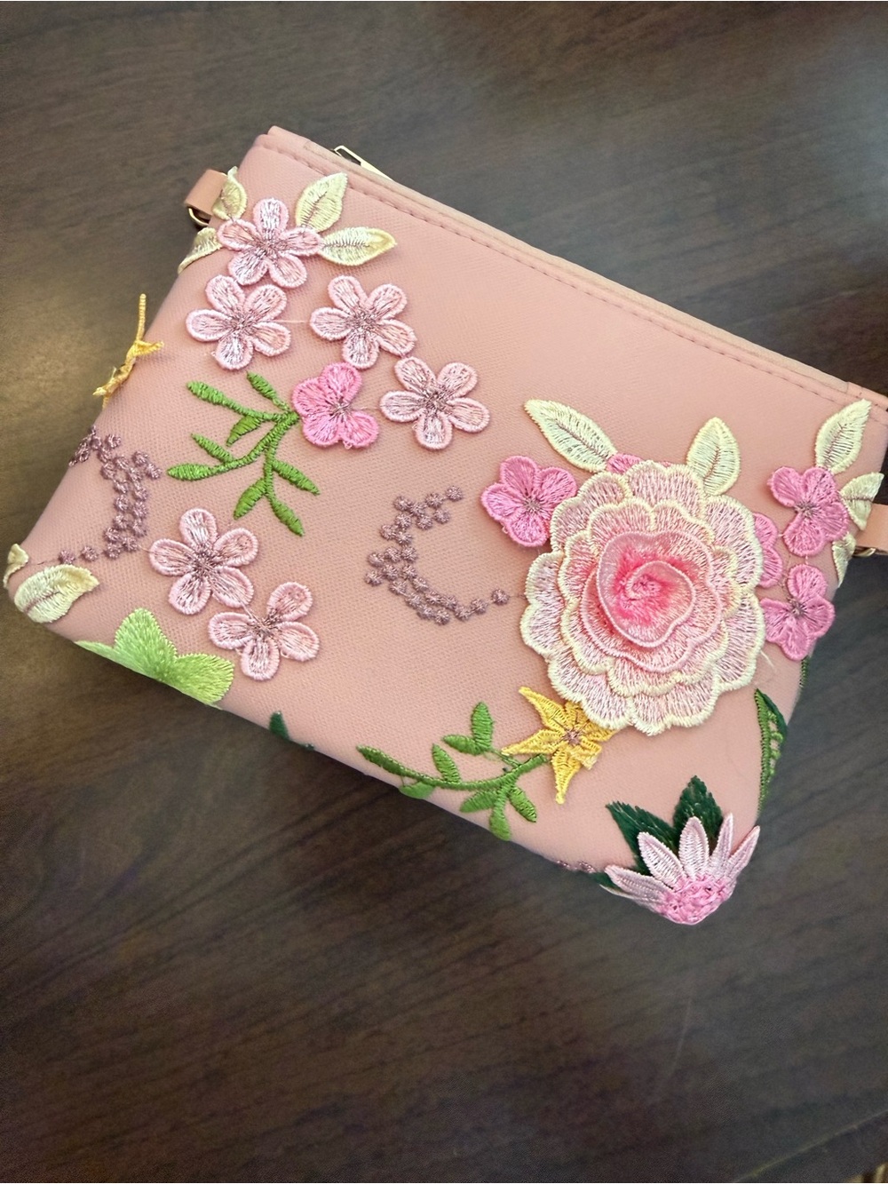 Blush Pink Embroidered Wristlet Clutch/ crossbody strap/ Boho Cottagecore